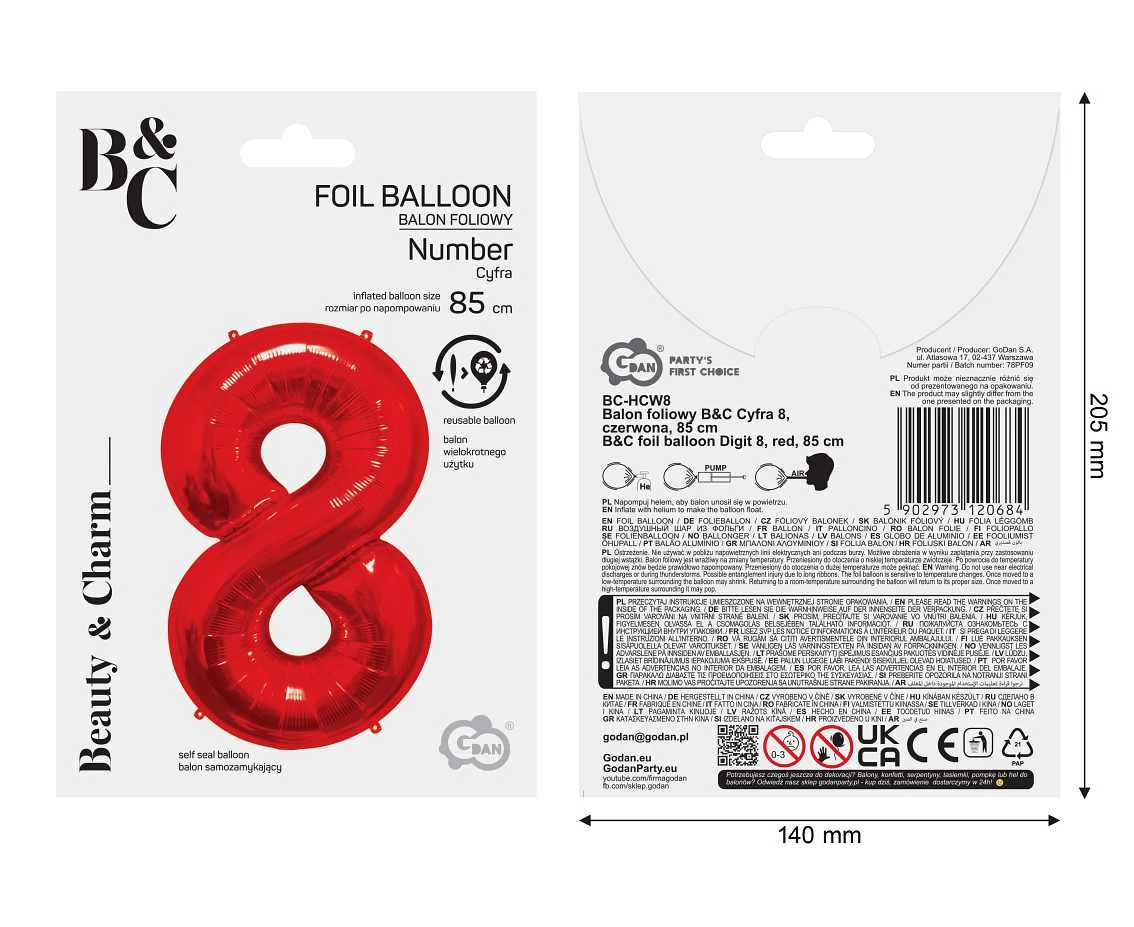 Balon foliowy B&C Cyfra 8, czerwona, 85 cm